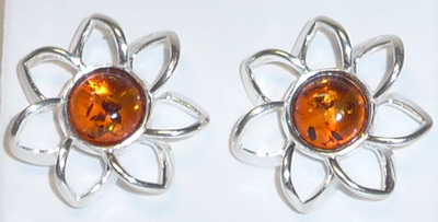 Bernstein Ohrstecker Silber Blume cognac